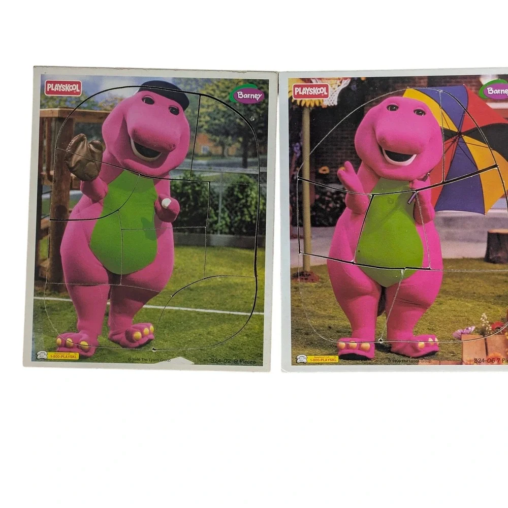 Pair‎ of Vintage Barney Wooden Puzzle Playing Ball with Umbrella